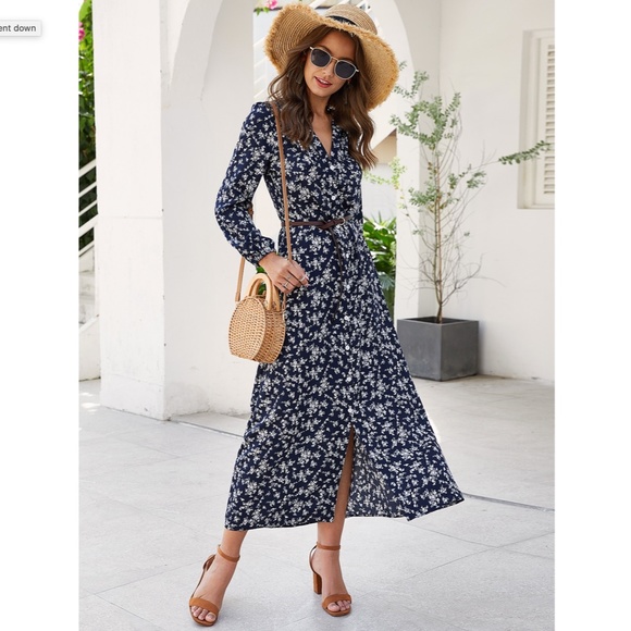 Rouge! Dresses & Skirts - Floral Print Navy Blue Maxi Buttoned Up Dress